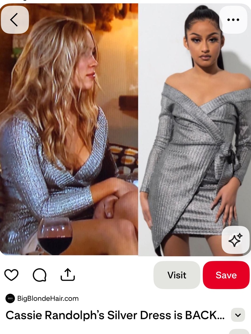AKIRA Silver Metallic Off-Shoulder Wrap Mini Dress. Runs small